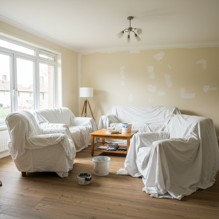 Living room prepped for interior painting with furniture moved and drop cloths in place
