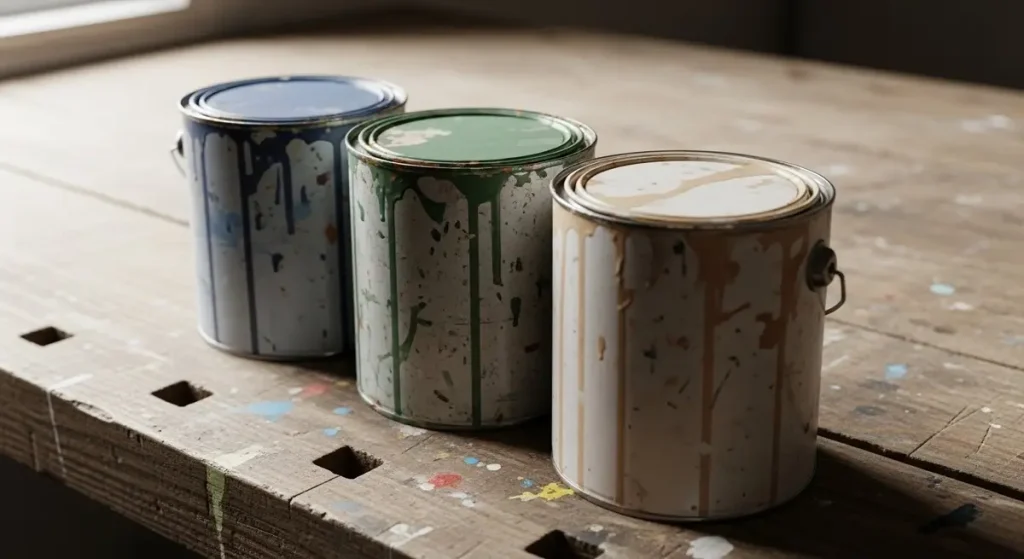 Leftover paint cans stored in a garage after a home painting project