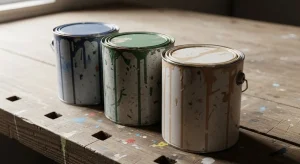 Leftover paint cans stored in a garage after a home painting project
