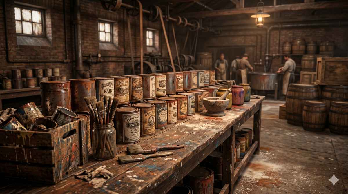 A late 1800s paint factory with rows of vintage metal paint cans and worn labels on a wooden workbench, brick interior and workers in the background