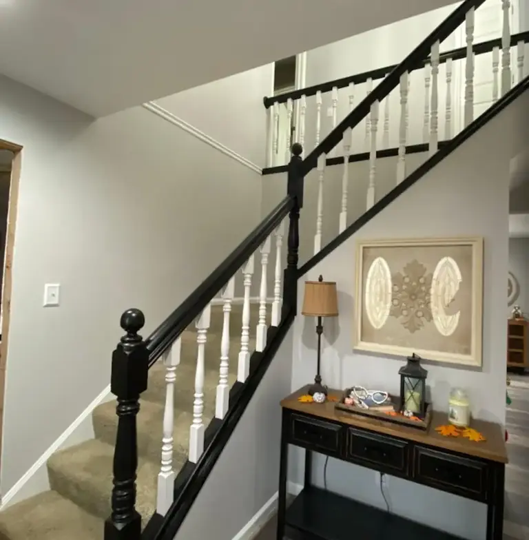Freshly painted white trim, doors and staircase spindles in a Northeast Ohio home