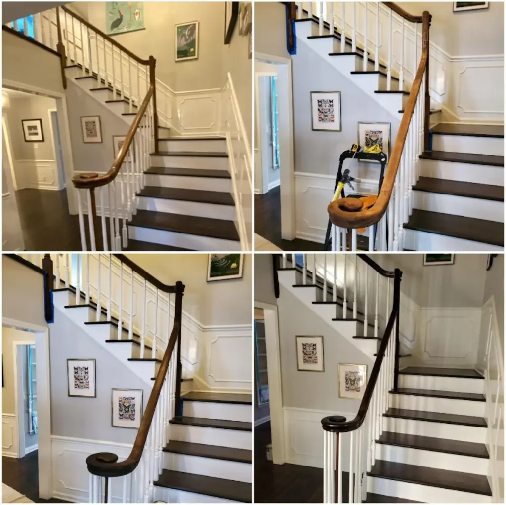 staircase interior painting with black railing and white spindles