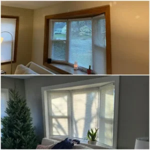 Before and after of wood window trim painted white in a Cleveland living room.