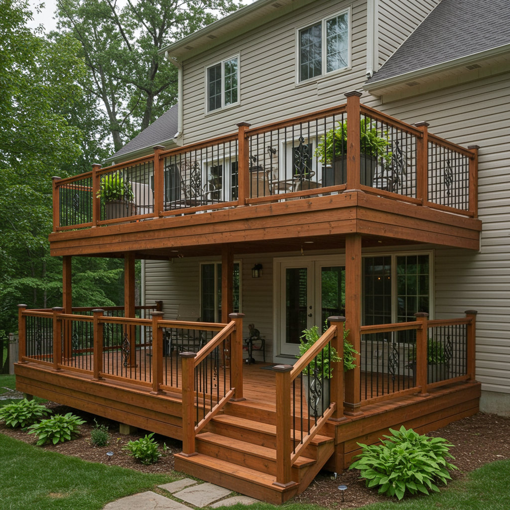 Large multi-level deck staining price and painting cost estimate