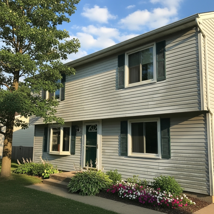 suburban home with aluminum siding showing subtle fading before repainting