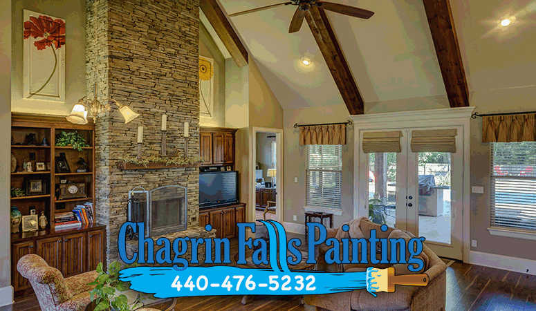 A modern living room with fresh beige walls painted by experts in Avon Lake, Ohio.