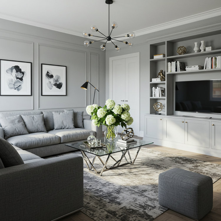 Staged living room with neutral gray paint colors to sell a home quickly