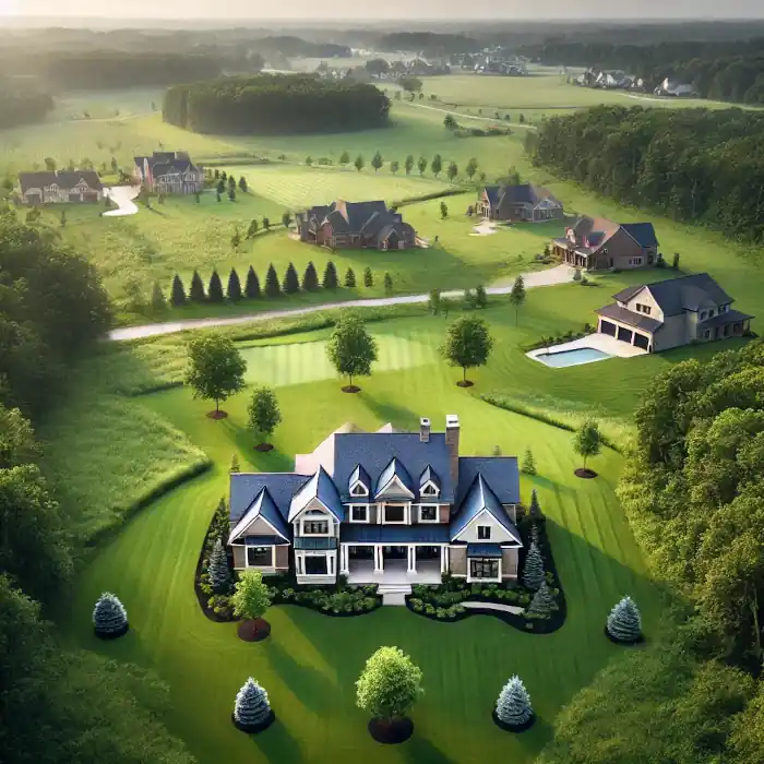 A single luxurious estate in Bath Township, Ohio, surrounded by greenery and modern architecture.