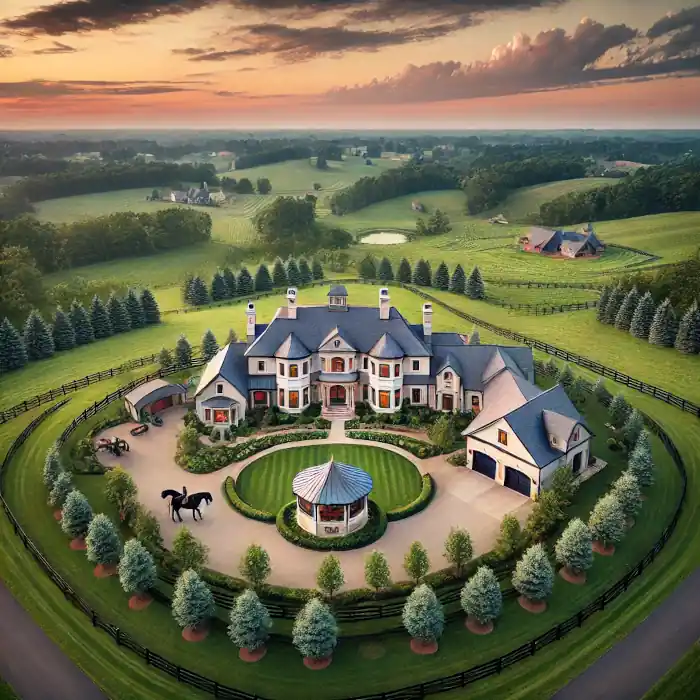 Luxurious estate in Sharon Township, Ohio, surrounded by rolling countryside and equestrian facilities.