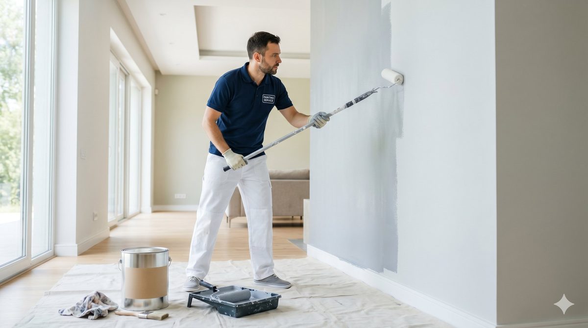 A modern professional house painter rolling fresh paint onto a wall in a bright contemporary home, with a paint can and roller tray on the drop cloth