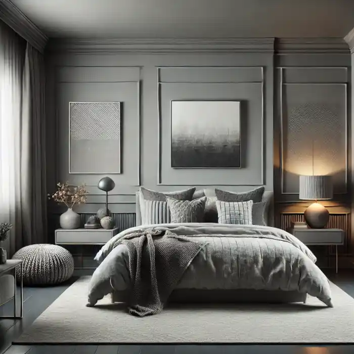 Stylish bedroom with a monochromatic gray color scheme