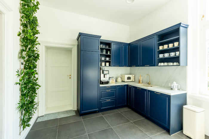 Bold navy blue cabinets, freshly painted by expert cabinet painters.