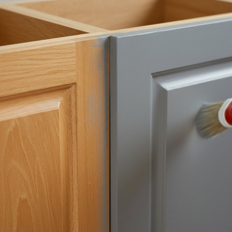 Cabinet upgrade in Ohio showing newly painted kitchen cabinet doors beside original wood finish