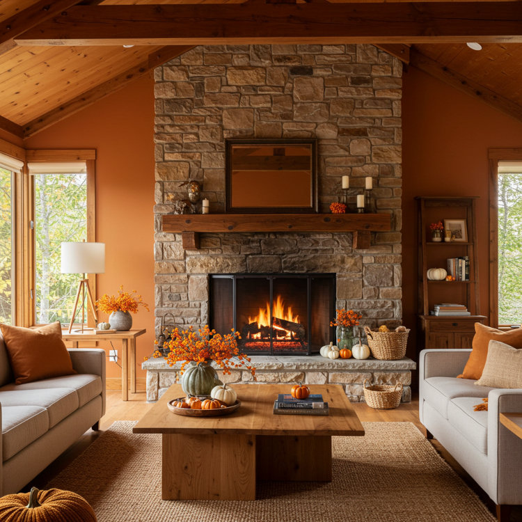 Living room painted in terracotta earth tones showcasing fall 2025 interior paint trends in Ohio homes