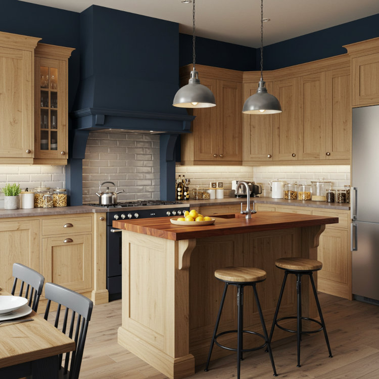 Kitchen upgrade in Ohio featuring trendy navy accent wall with modern neutral tones