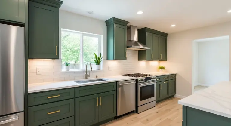 Olive green painted kitchen cabinets, cabinet painting in North Royalton, Ohio