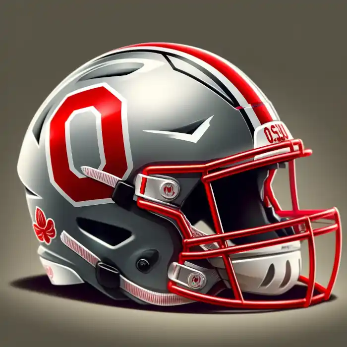 OSU football helmet featuring a gray base with a scarlet stripe and black and white accents.