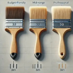 Three paintbrushes displayed side by side: a budget-friendly plastic-handled brush, a mid-range wooden-handled brush, and a high-end professional natural bristle brush.