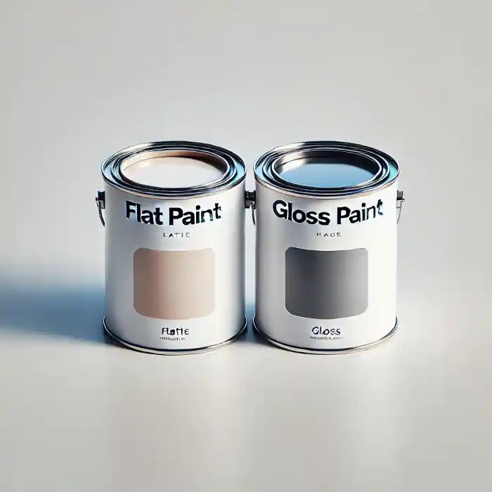 Two paint cans side by side, labeled Flat Paint and Glossy Paint, showing matte and shiny finishes.