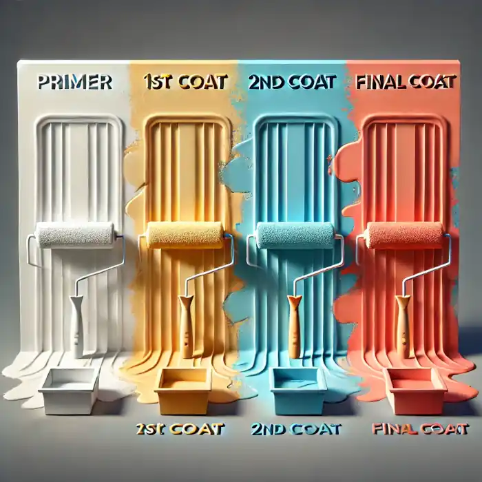 A wall showing labeled sections for 'Primer,' '1st Coat,' '2nd Coat,' and 'Final Coat,' with a paint roller near the '2nd Coat' section.