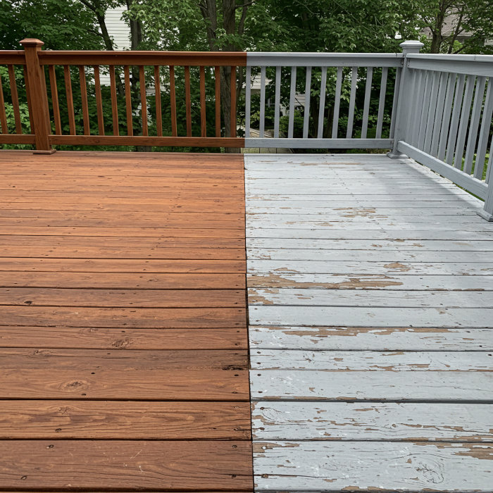 Comparison of painted and stained deck surfaces showing wear from summer heat and UV exposure