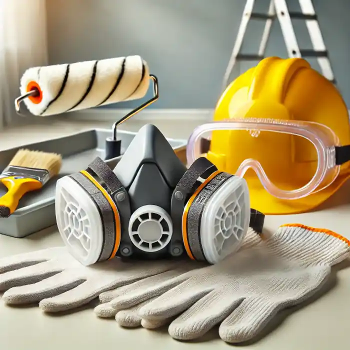 Close-up of essential safety gear for painting projects, including respirators, gloves, and goggles.