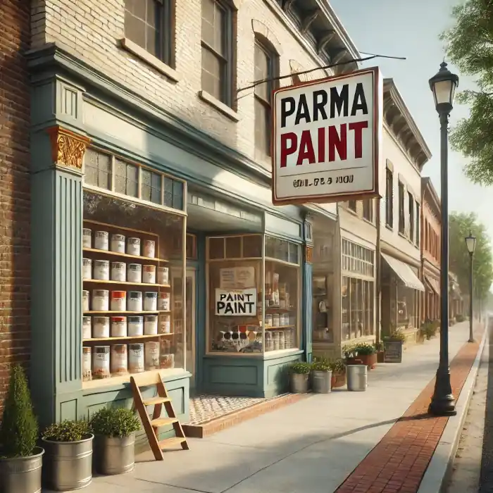 Street view of a local paint store called Parma Paint in Parma, Ohio, with a welcoming storefront and a brick facade.