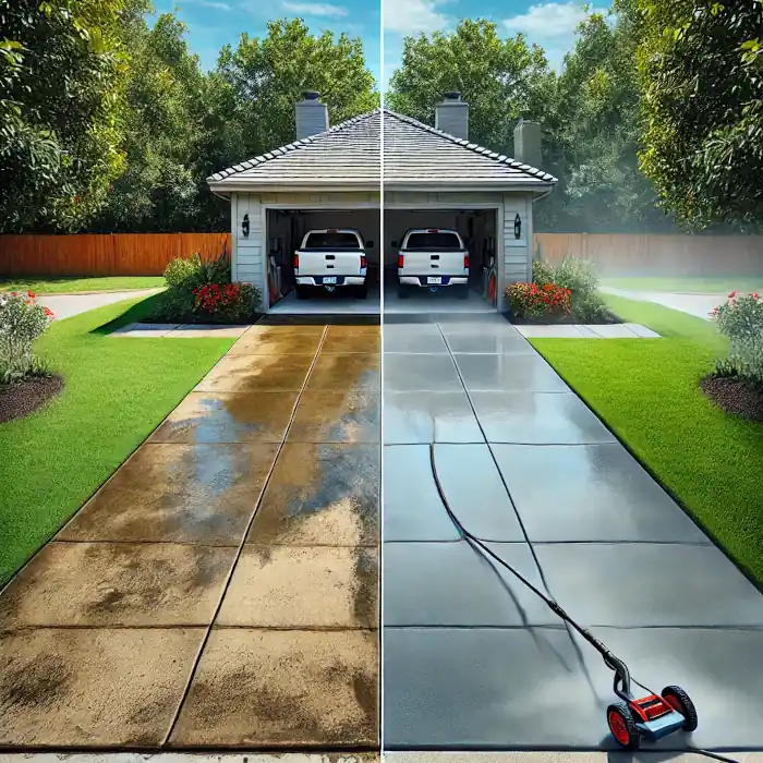 Driveway power washing service removing tough stains and grime.