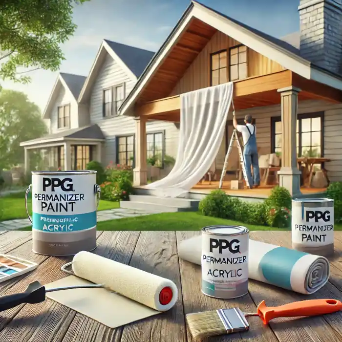 Painter using PPG Permanizer on a house exterior with paint supplies nearby