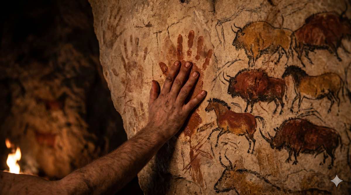A prehistoric cave wall lit by firelight showing ochre handprints and painted animal figures, an early example of pigment applied to a surface