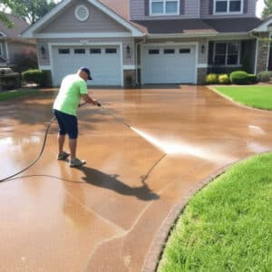 A professional pressure washer cleaning a concrete driveway in Cleveland, Ohio.