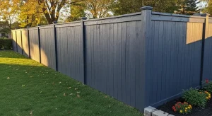Dark gray painted wood privacy fence in Northeast Ohio backyard