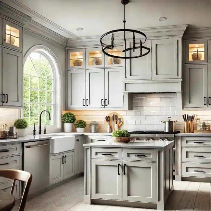 Light gray refinished kitchen cabinets in Avon Lake, Ohio.