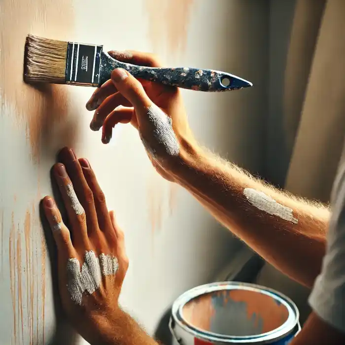 A person with white paint on their hand while painting a wall, showing accidental smears on their skin.