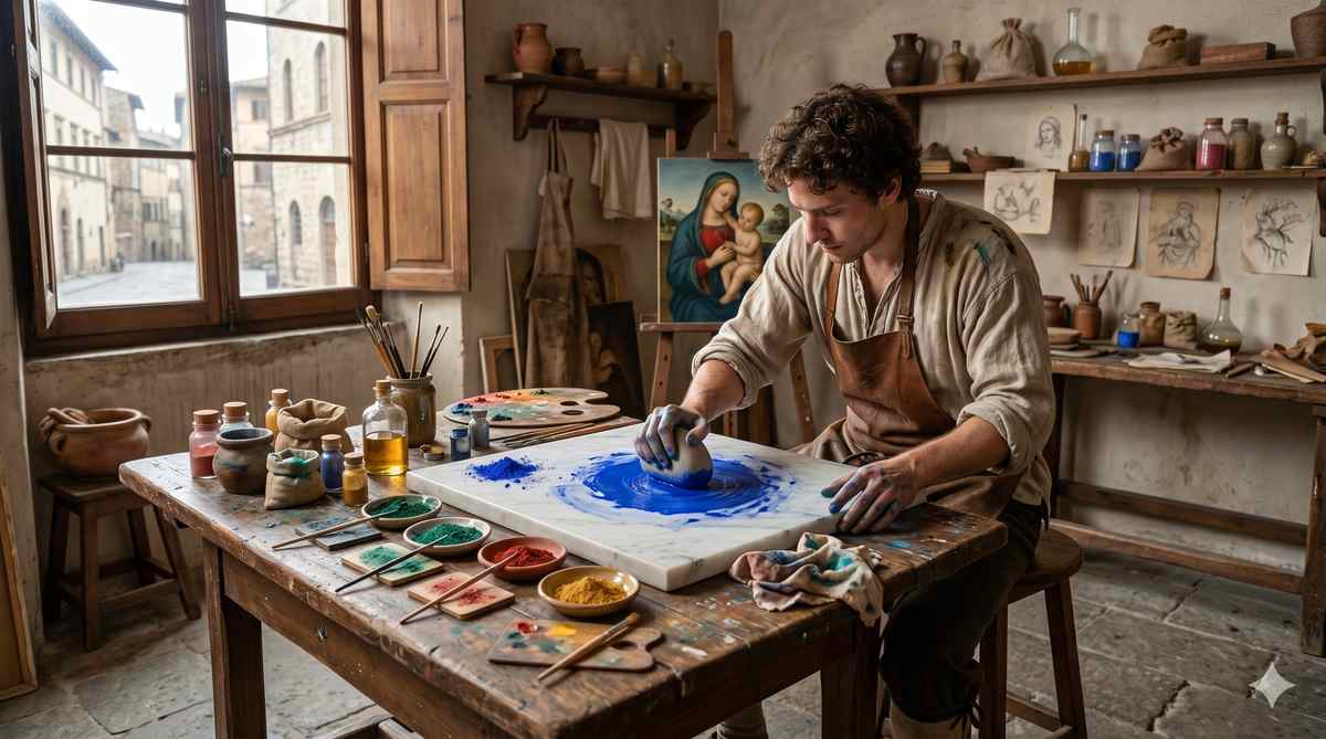 A Renaissance painter grinding blue pigment into linseed oil on a marble slab in a sunlit workshop, with dishes of mixed paint and a panel painting on the easel