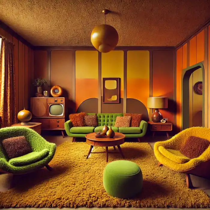 1970s retro living room with mustard yellow, burnt orange, and avocado green colors