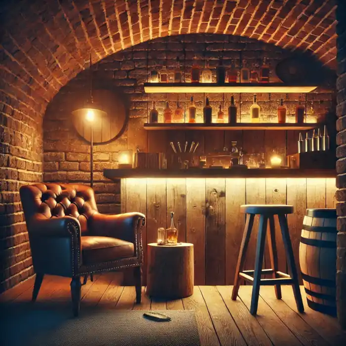 A rustic-themed man cave featuring a wooden bar setup, a lounge chair, and ambient lighting with brick walls.