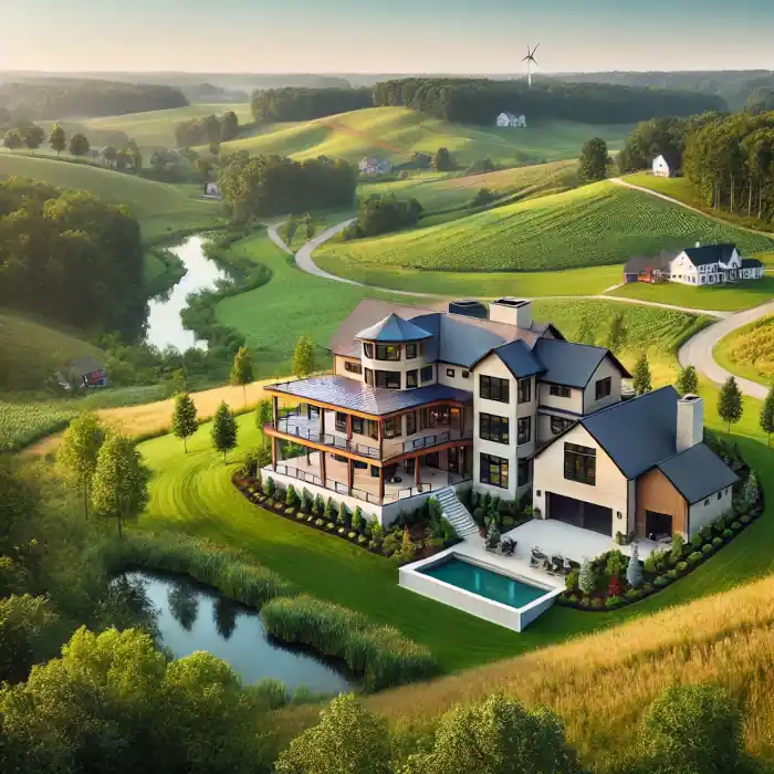 Luxury home in Hinckley Township, Ohio, with modern architecture and lush greenery.