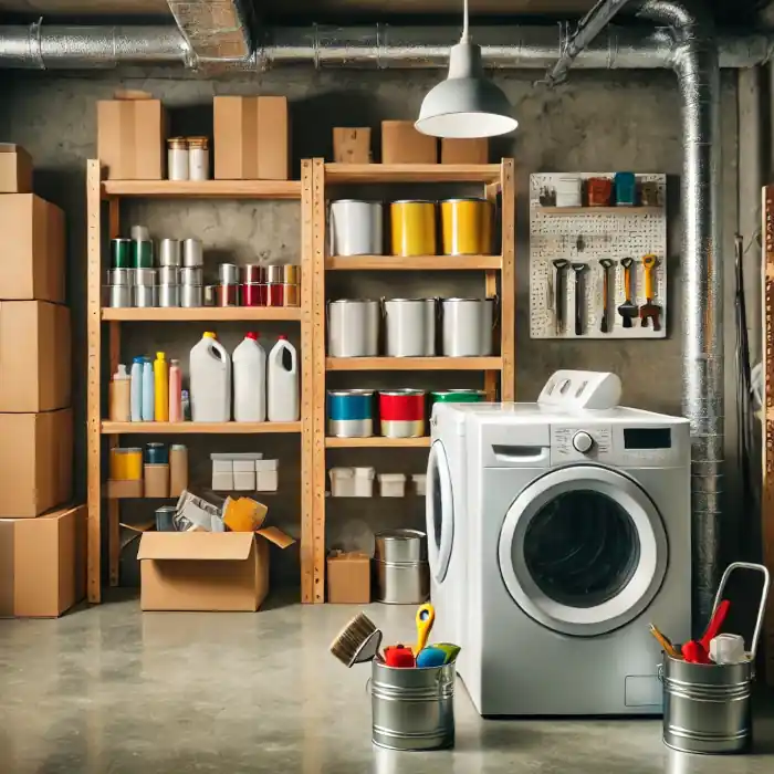 Sealed and labeled paint can stored in a cool, dry environment