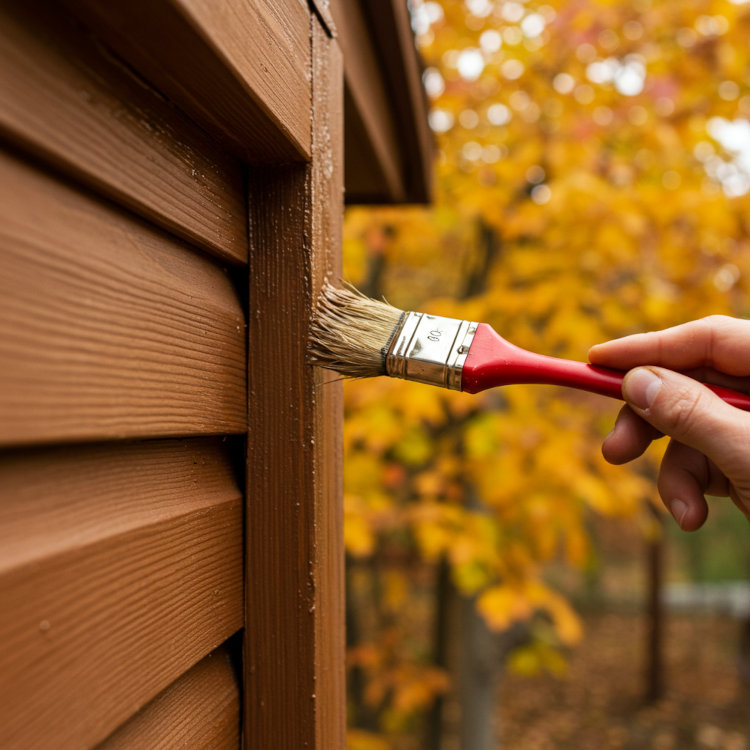 Painter applying sealant to trim to protect exterior paint before winter
