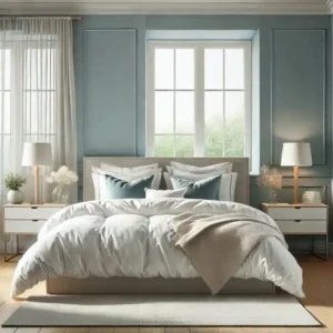 A serene bedroom with soft blue walls, a neatly made bed with crisp white and gray bedding