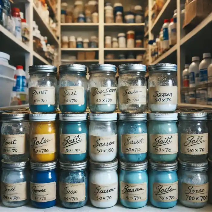 Small jars of leftover paint organized and labeled for future use