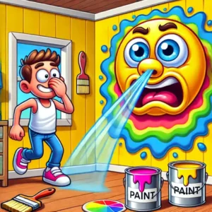 Cartoon illustration of a wall with odor waves and a person holding their nose from the paint smell