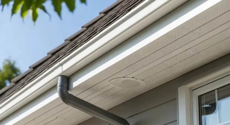 Painted white soffit and fascia with downspout on home in Northeast Ohio