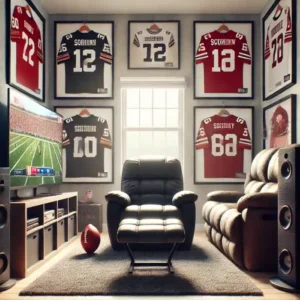 A sports-themed man cave featuring a recliner, framed jerseys, and a large TV setup for game watching