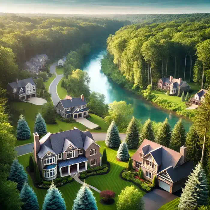 Tranquil neighborhood in Bentleyville, Ohio, with luxurious homes and tall trees near the Chagrin River.