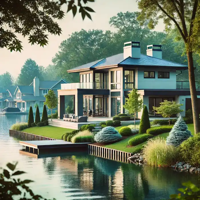 A single upscale lakefront property in Silver Lake, Ohio, with modern architecture and waterfront views.