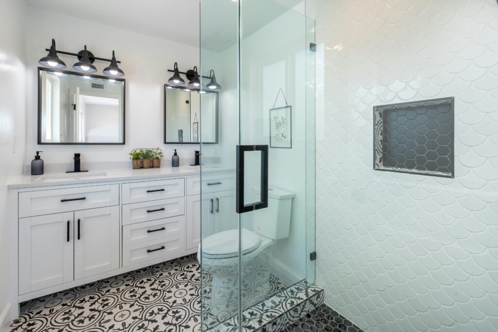 Modern bathroom featuring refinished cabinets in Avon, Ohio