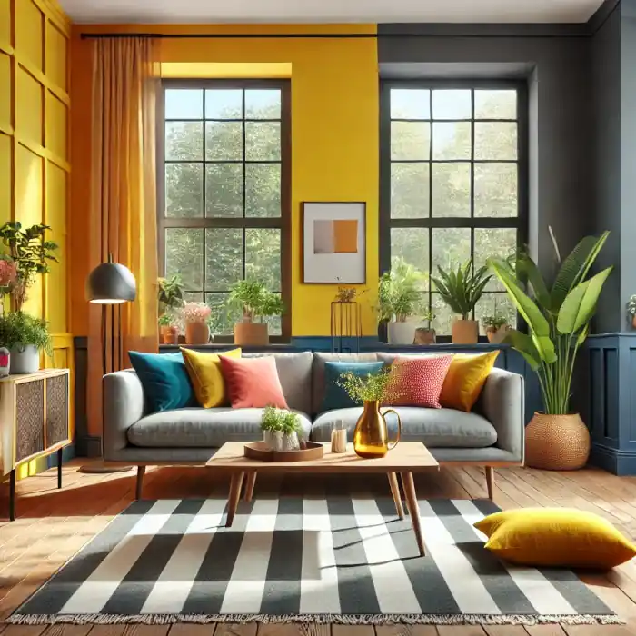 A modern living room with vibrant colors, featuring a bold yellow accent wall and complementary furniture