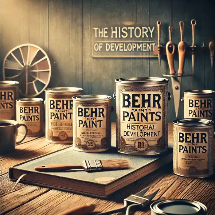 Vintage-style paint cans arranged on a wooden table with historical designs, representing the history of Behr paint.